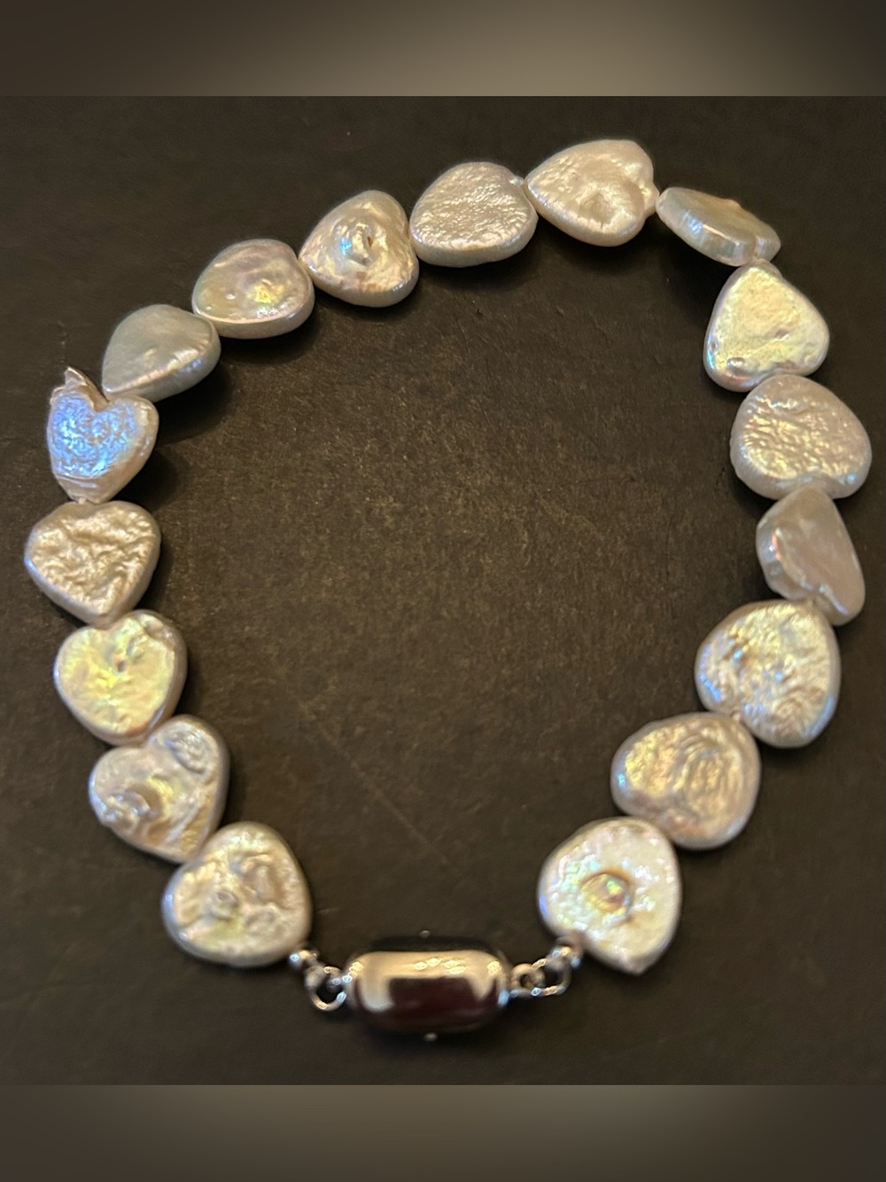 Iridescent Cream Heart❤️Natural Freshwater Pearl Bracelet w/Secure 925 SS Clasp